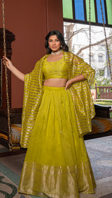 Aza - Lime Green Woven Chanderi/Tissue Silk Lehenga Set
