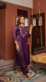 Fizza - Purple Pure Gajji Silk Kurta Set