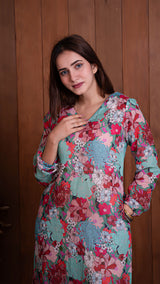 Floral Illusion Pure Linen Shift Dress - Green