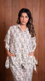 Off White Dove Print Linen Kaftan Style Co-ord Set