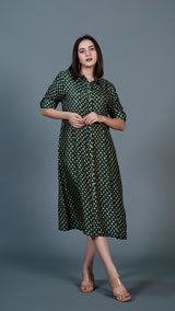 Dark Green Bandhani Print Cotton Silk Shirt Dress