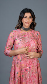 Blush Pink Under The Sea Print Pleated Kurta In Cotton Silk