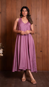 Mauve Halter Neck Flared Dress In Chanderi Silk