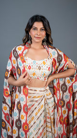 Off White Ikkat Print Drape Skirt Set In Cotton Silk