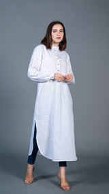 White Jabha Style Linen Kurta