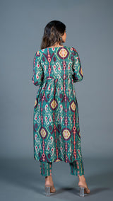 Green Ikkat Print Pleated Kurta In Cotton Silk