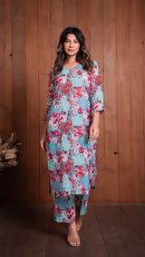 Floral Illusion Pure Linen Kurta - Green/Multi