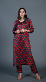 Deep Red Small Flower Print Kurta In Modal Silk