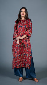 Deep Red Parrot Print Kurta In Modal Silk