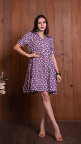 Lavender Geometric Print Pure Linen Tier Dress