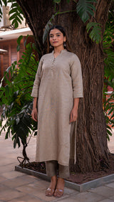 Heena Embellished Pure Linen Kurta + Pants - Slate Grey
