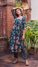 Aditi Forest Jaal Silk Kurta With Small Butti Pants - Teal