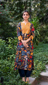Ananya Kalamkari Silk Straight Kurta + Pants - Dark Blue