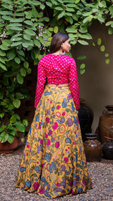 Kalamkari Silk Lehenga - Mustard Yellow with Bandhani Blouse