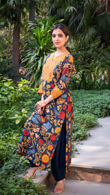 Ananya Kalamkari Silk Straight Kurta + Pants - Dark Blue