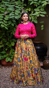 Kalamkari Silk Lehenga - Mustard Yellow with Bandhani Blouse