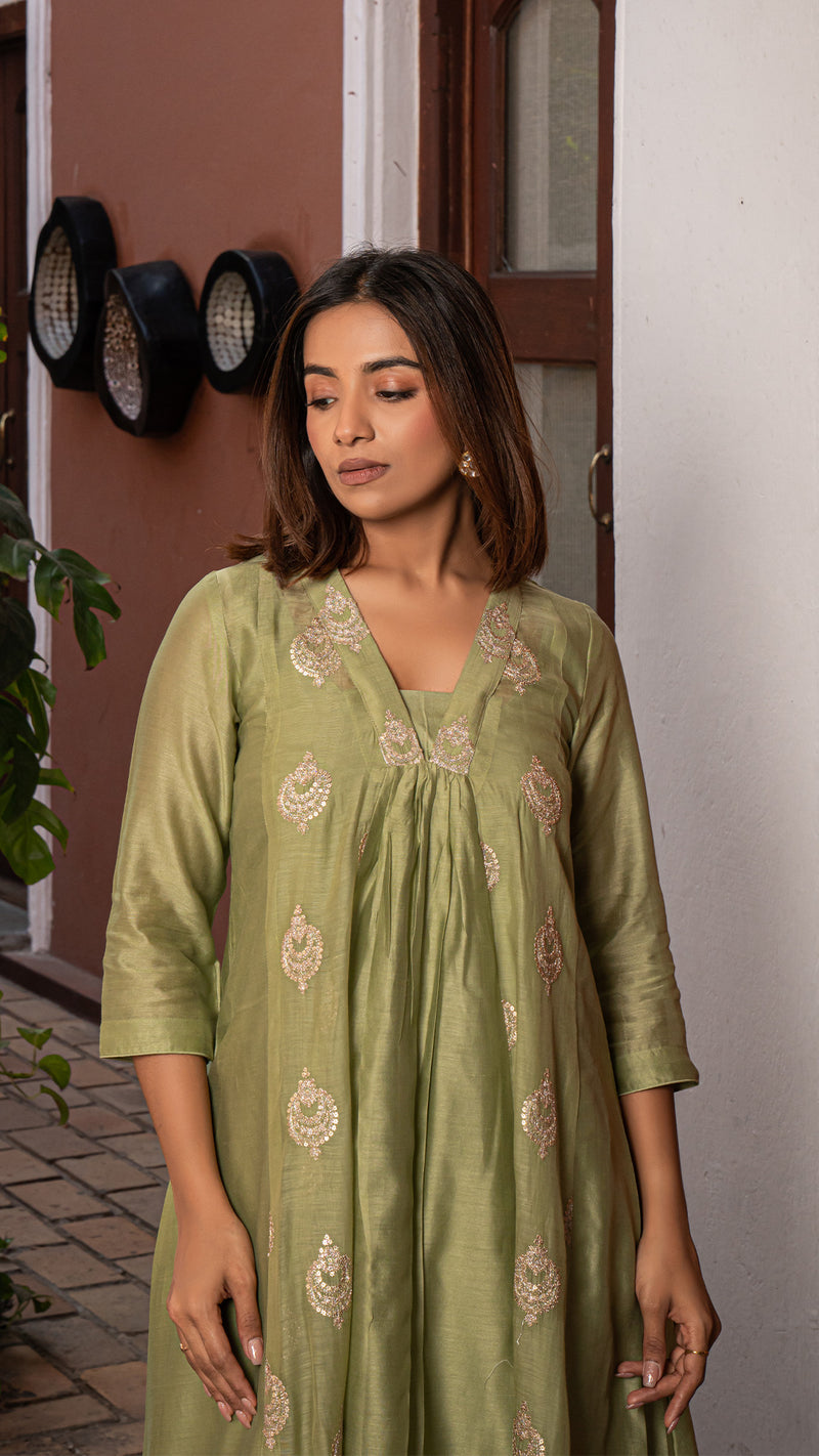 Rumaisa - Green Chanderi Anarkali Kurta Set