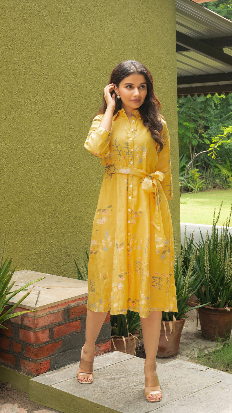 Aashvi Floral Jaal Shirt Dress In Chanderi Silk - Yellow