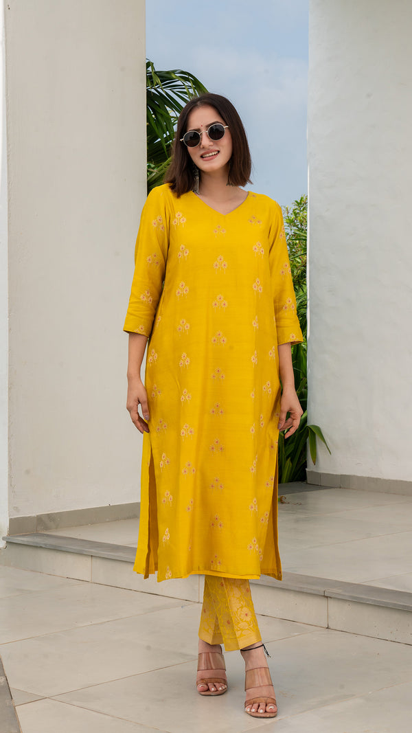 Aarvee Woven Chanderi Kurta Set - Yellow