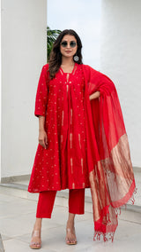 Paaro Chanderi Kali Kurta Set - Red