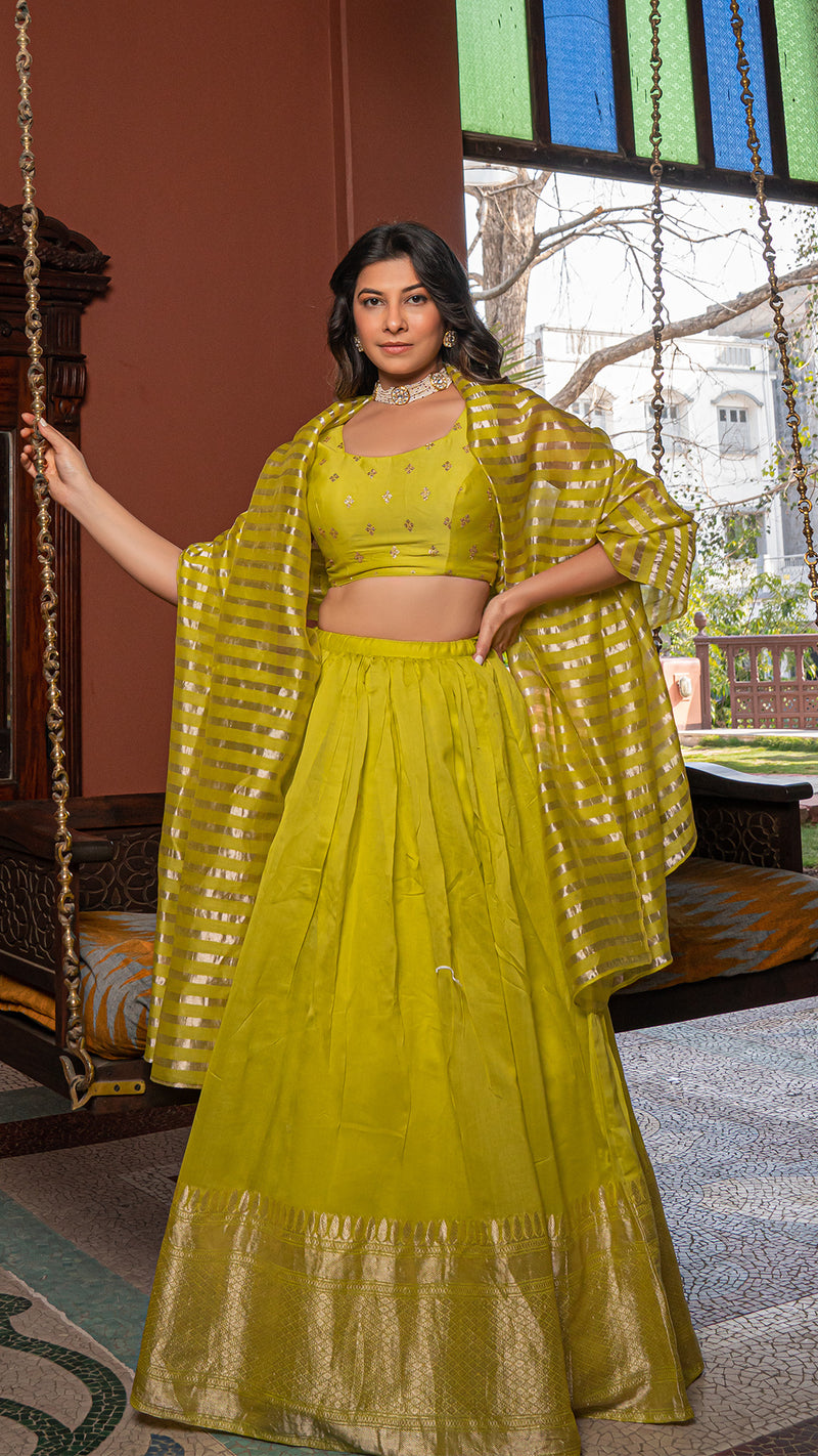 Aza - Lime Green Woven Chanderi/Tissue Silk Lehenga Set