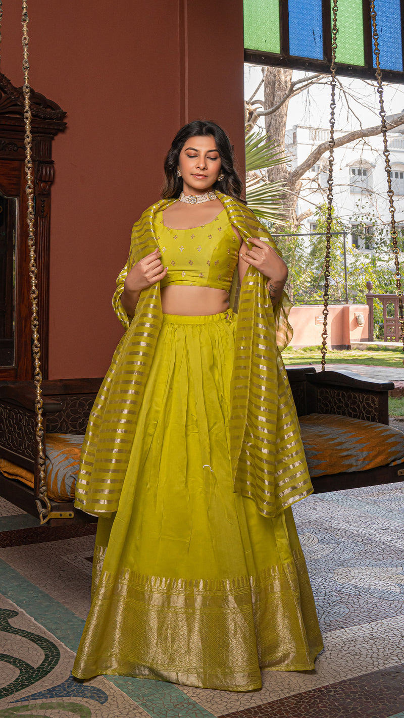 Aza - Lime Green Woven Chanderi/Tissue Silk Lehenga Set