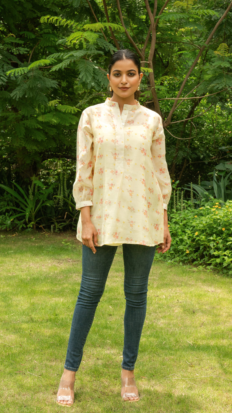 Aasma Short Top In Mul Chanderi Silk - Beige