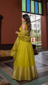 Aza - Lime Green Woven Chanderi/Tissue Silk Lehenga Set