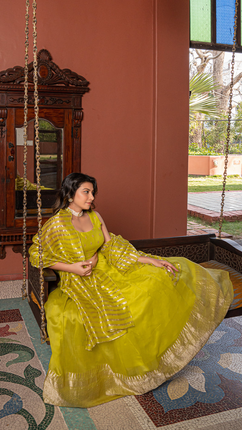 Aza - Lime Green Woven Chanderi/Tissue Silk Lehenga Set