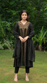 Wamiqa - Black Golden Tissue Chanderi Anarkali Kurta Set