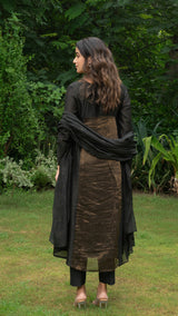 Wamiqa - Black Golden Tissue Chanderi Anarkali Kurta Set