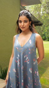 Nargis Halter Neck Flared Dress In Chanderi Silk - Blue