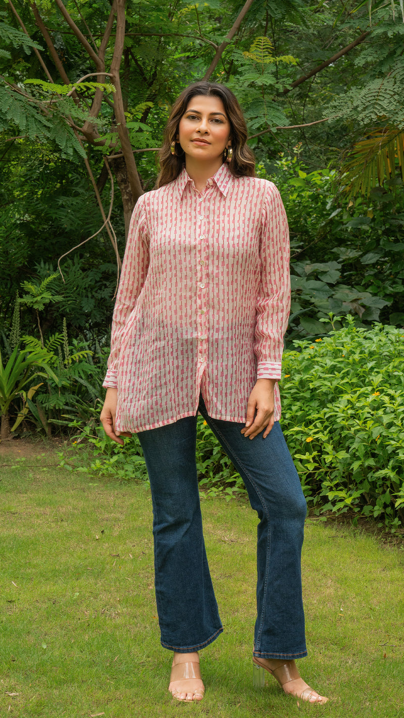 Nazmn Mul Chanderi Silk Shirt- Pink