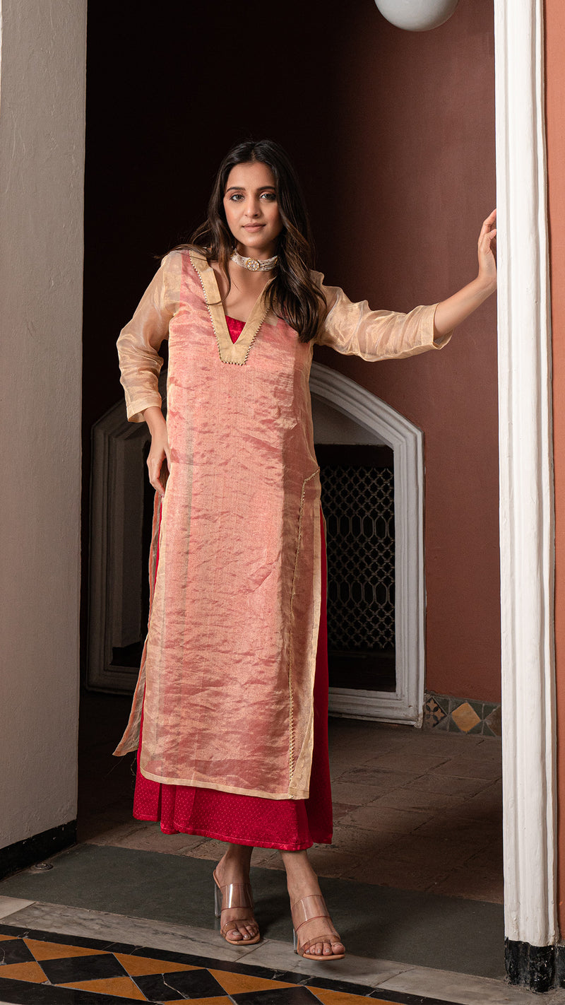 Gulal - Golden/Rani Pink Pure Tissue Layered Dress