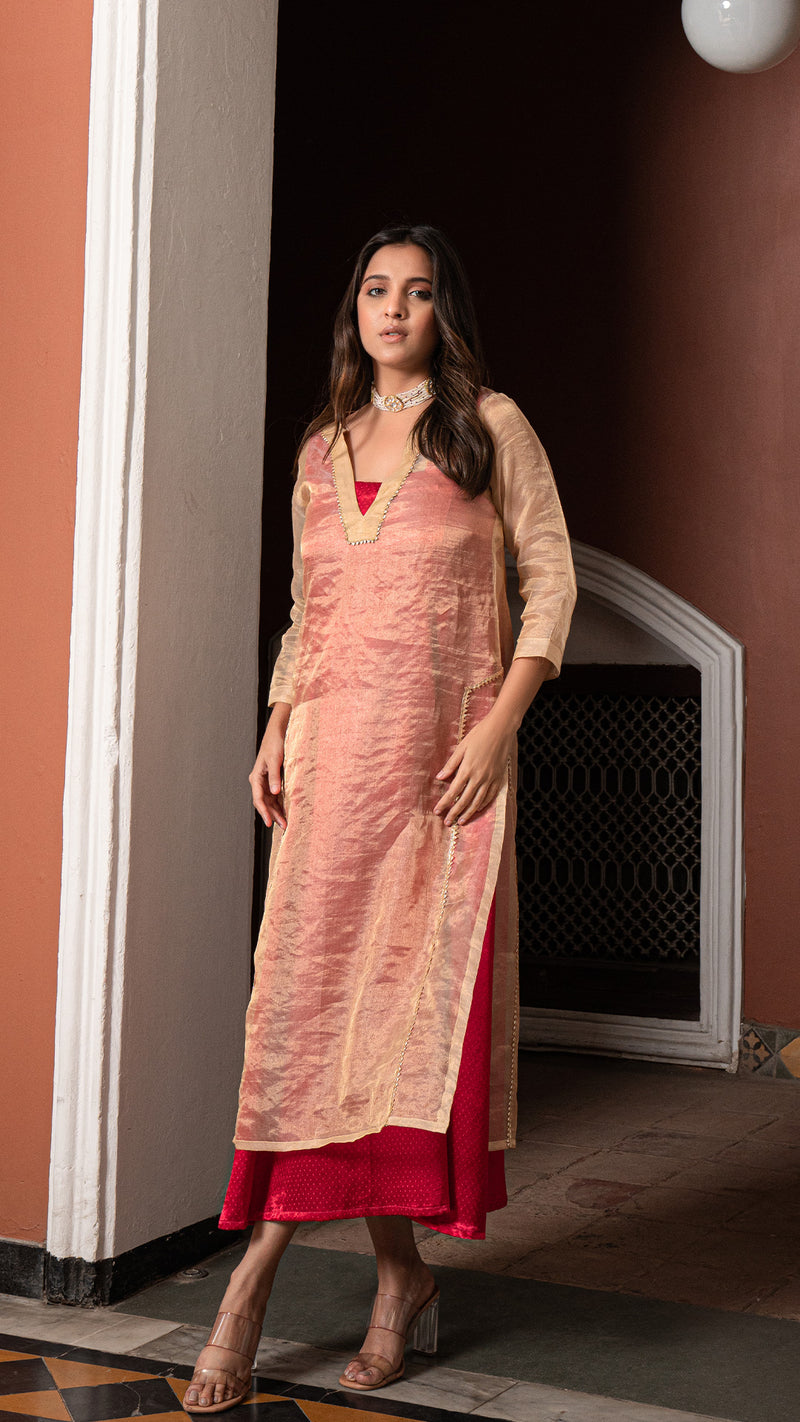 Gulal - Golden/Rani Pink Pure Tissue Layered Dress