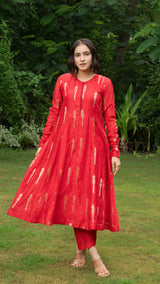 Smahi Chanderi Kali Kurta Set - Red