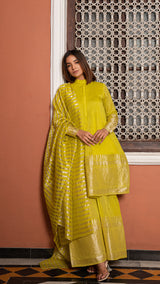 Vedica - Lime Green Woven Chanderi Kurta Set