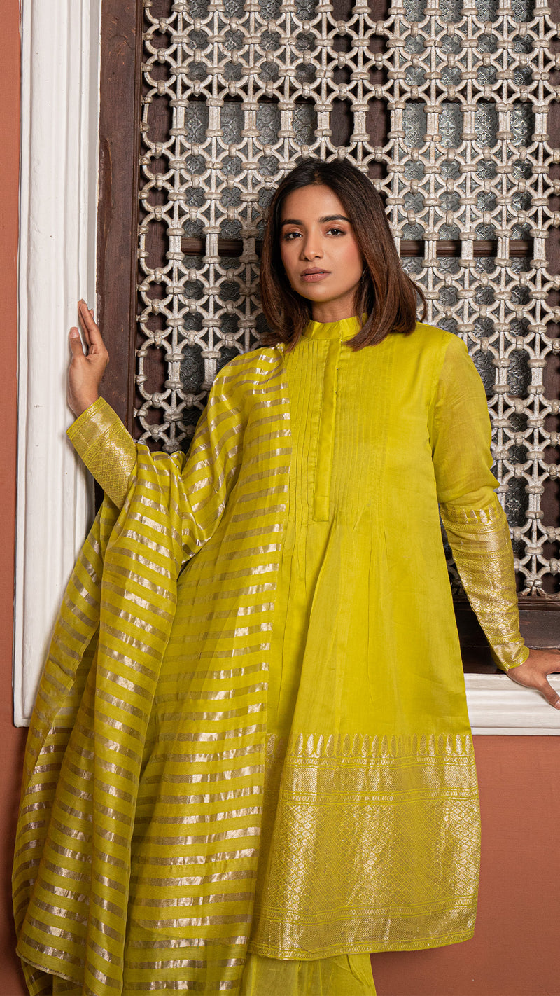 Vedica - Lime Green Woven Chanderi Kurta Set