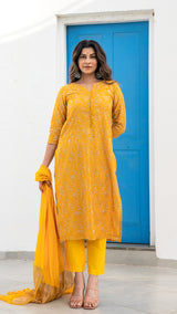 Alisha Emboridered Chanderi Kurta Set - Yellow