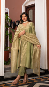 Aarjavee - Green Golden Tissue Chanderi Anarkali Kurta Set