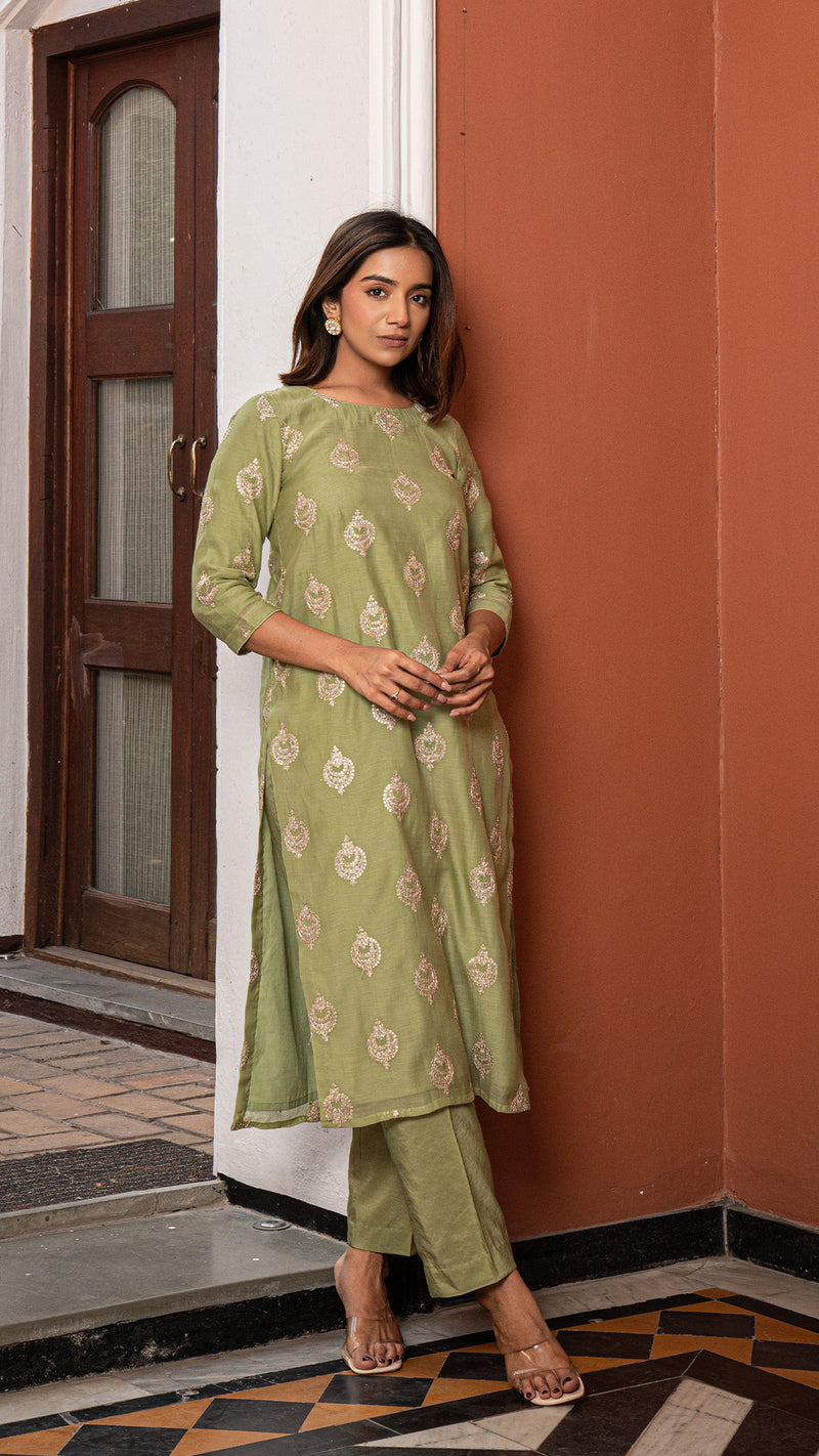 Kavya - Light Green Embroidered Chanderi Kurta Set