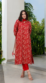 Peony Emboridered Chanderi Kurta Set - Red