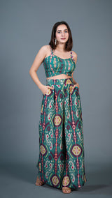 Green Ikkat Print Pleated Pants in Silk + Silk Embellished Crop Top