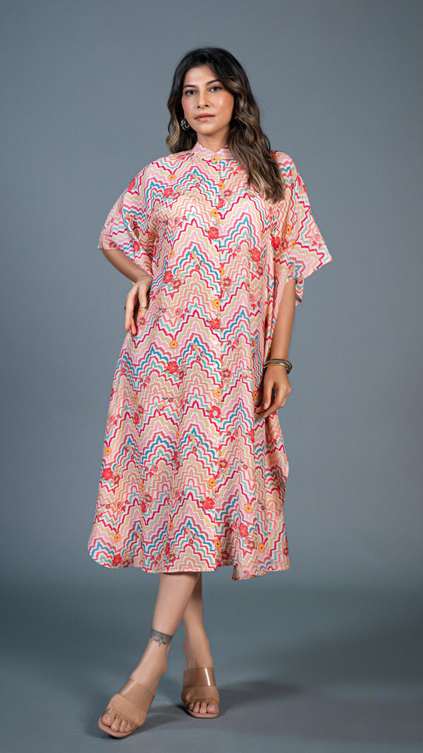 Off White Geometric Print Cotton Silk Kaftan Dress