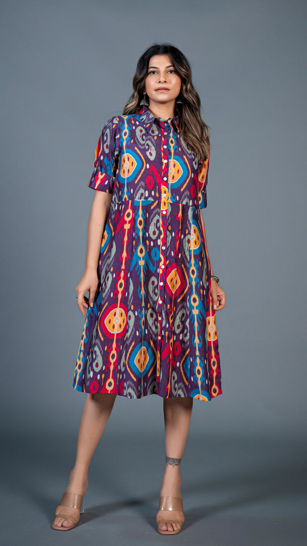 Purple Ikkat Print Cotton Silk Shirt Dress