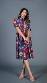 Purple Ikkat Print Cotton Silk Shirt Dress