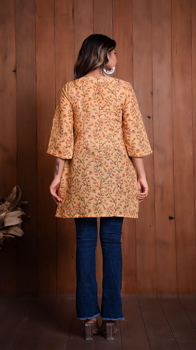 Mustard Floral Jaal Linen Short Top