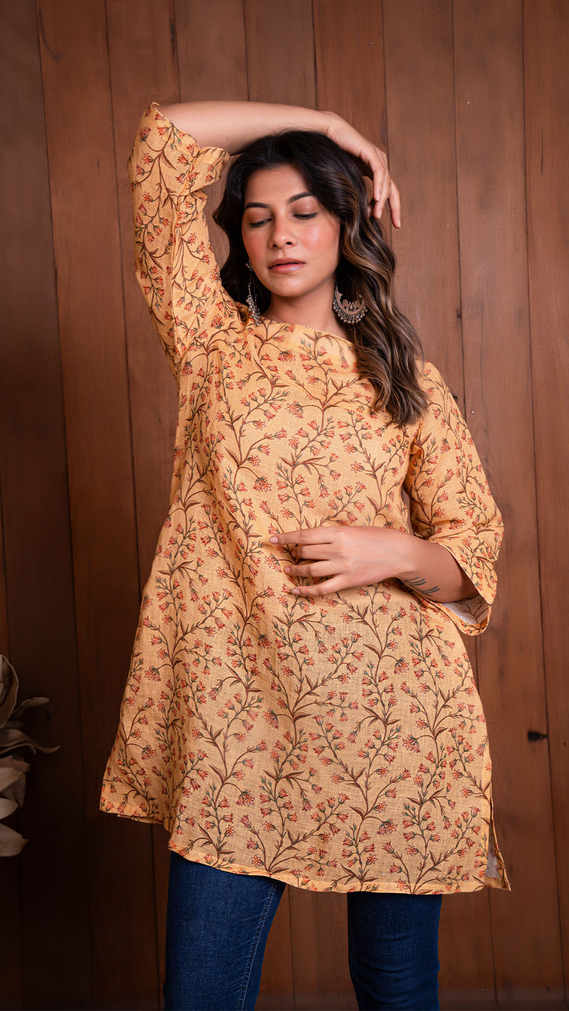 Mustard Floral Jaal Linen Short Top