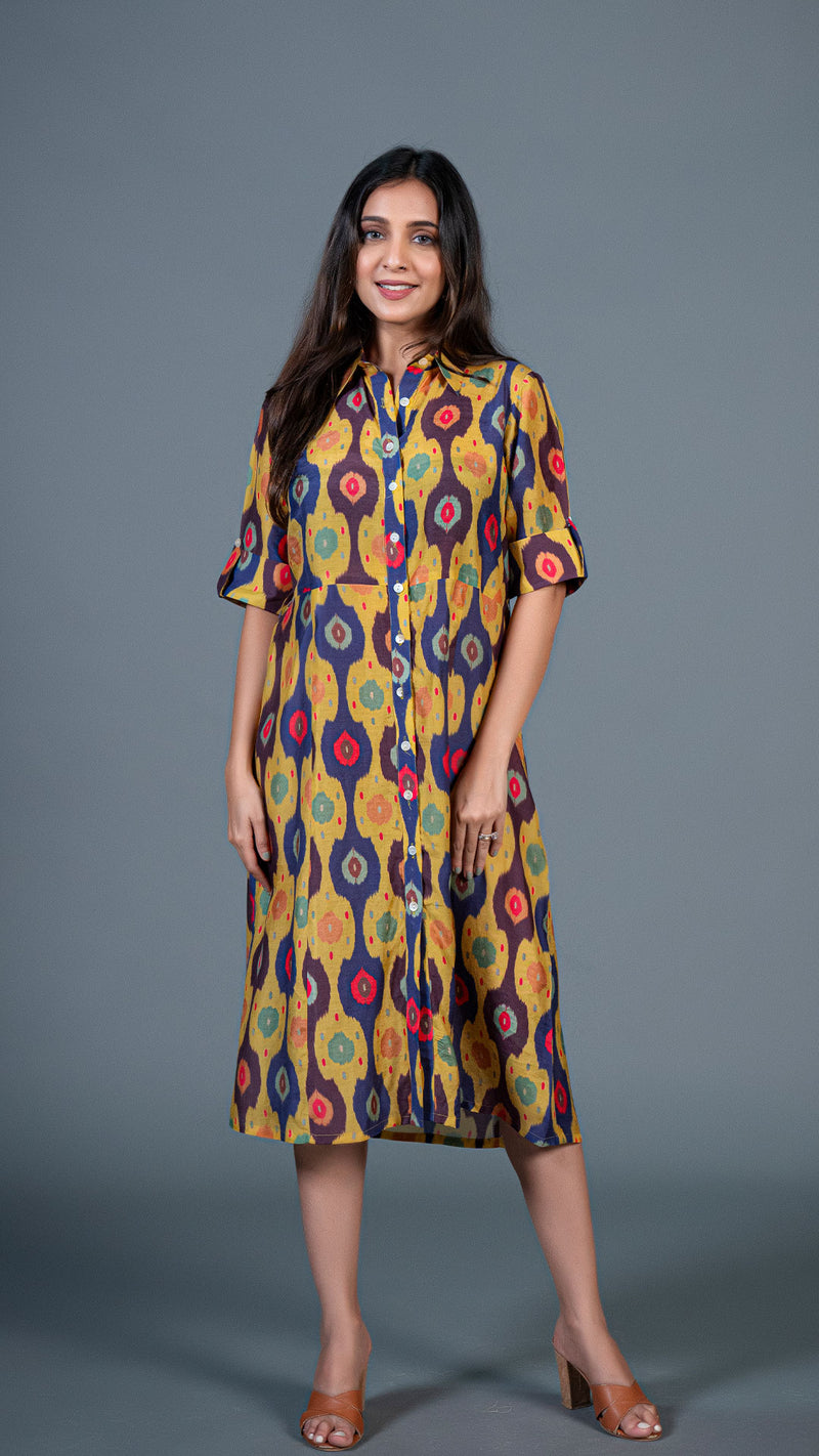 Yellow Ikkat Print Cotton Silk Shirt Dress