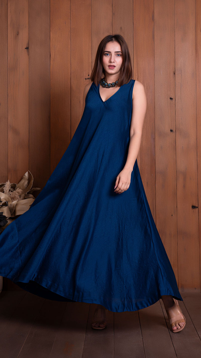 Navy Blue Halter Neck Flared Dress In Chanderi Silk